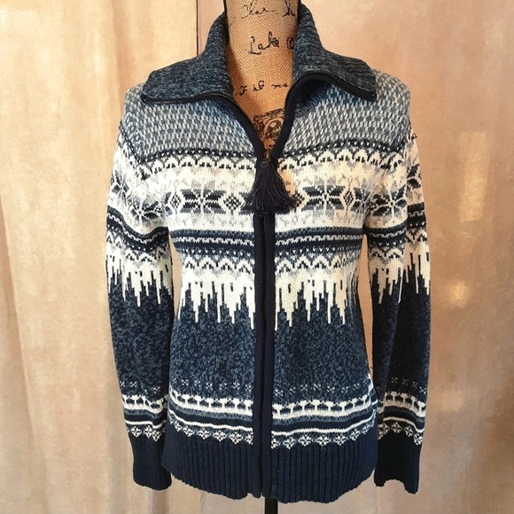 Vintage Blue & White Front Zip Sweater Cardigan Nordic Snowflake Ramie Cotton S - Picture 1 of 12